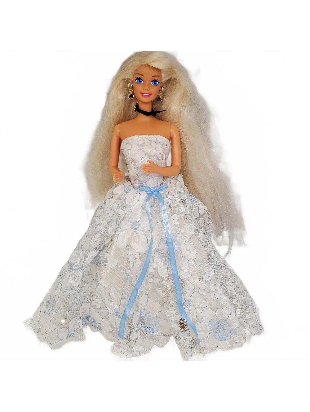 Vintage Barbie 90s Handmade Lace Dress Long Blonde Hair Blue Eyes
